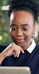 Reading, tablet and happy with business black woman for search, public relation statement and editor. Online review, media report and planning with employee and tech in agency for creative campaign