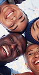 Below, face or volunteer outdoor with huddle for solidarity, social responsibility or NGO initiative. Happy, people and activist group in nature with diversity, collaboration and support for charity.