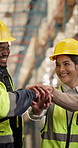 Happy, warehouse and people with hand stack for supply chain, logistics and support for distribution. Applause, teamwork and workers with gesture for shipping, wholesale and solidarity in factory
