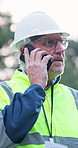 Engineer, man and talk at construction site with phone call, explain building process and planning. Bokeh, mature person and tech outdoor with contact, discussion and instructions for engineering.