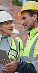 Construction, tablet or team outdoor with inspection, progress track or evaluation in feedback chat. Review, mature people or engineers with tech, quality control or assessment in industrial project
