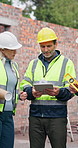 Construction, tablet or team on site with discussion, progress track or task brief for development. Talking, people or engineers with tech, operation plan or project coordination with building report