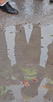 Water, reflection and engineer at construction site with meeting, check foundation or wet concrete. Above, puddle and people outdoor with inspection for safety, engineering and structural integrity.