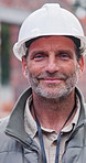Construction, face and man with laugh, site manager and pride as compliance surveyor. Happy, confidence or mature inspector with joke reaction, safety officer and about us in building development.
