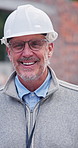 Construction, face and mature man with laugh, site manager and pride as compliance surveyor. Happy, confidence or inspector with humor reaction, safety officer and about us in building development.