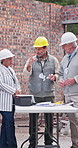 People, meeting and talking at site for construction, discussion and report for architecture. Team, explain and tablet at worksite for inspection, conversation and compliance for building development