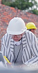Woman, architect and blueprint on construction site for planning, measurement or ruler for accuracy. Mature engineer, writing or floorplan at worksite for design update, compliance regulation or tech