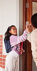 Arrive, high five and students with teacher in school child development, greeting or motivation. Enter classroom, hello and welcome kids with happy woman in corridor for future, growth or learning
