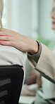 Empathy, hands and shoulder of person in therapy room for counseling, support and conversation. Comfort, mental health and kindness with patient and therapist in office for help, healing and advice