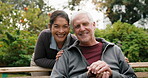Happy, face and caregiver with old man at park, bonding or healthcare service for patient with cane. Outdoor, nurse and comfort for senior person with disability, trust and laugh together in nature