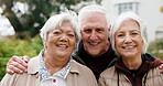 Smile, hug and portrait of old people outdoor for retirement, bonding and support in nursing home. Assisted living,  happy and elderly care with senior friends in backyard of house for trust and love