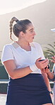 Talking, phone and reading with friends on tennis court for contact, tournament update and fitness. Online game fixture, communication and sports tips with women for training club and challenge