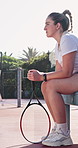 Woman, thinking and rest on tennis court with racket, contemplation and game plan for competition. Active, female person outdoor and reflection with sports strategy, gear or tactical idea for contest