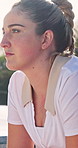 Woman, thinking or fitness on tennis court with racket, competition break or tactical idea for match. Serious, female person and outdoor on bench with sports gear, game plan or reflection for contest