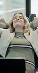 Businesswoman, relax and stretching in office with tablet, complete HR work and timesheet report. Human resources, person and happy worker rest with tech, submission and done with payroll admin.