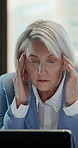 Businesswoman, stress and headache in office with tablet, email and notification of investment fail. Tired, mature person and migraine with tech, financial crisis and rejection of funding request.