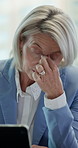 Woman, stress and headache in office with tablet, business email and notification of investment fail. Tired, mature person and migraine with tech, financial crisis and rejection of funding request.