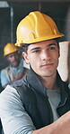 Beam, engineer and walking with man on construction site for team, renovation and team. Architect, building inspection and property developer with person for infrastructure, wood and contractor 