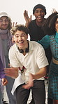 Face, applause or success with people on set for production milestone, happiness or teamwork. Excited, film crew or clap for celebration BTS, achievement or shoot completion with movie wrap at studio