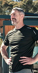Fitness, break and man outdoor for exercise, relax or endurance training for challenge in morning. Wellness, sports and mature person in backyard of home for workout, cardio or active on weekend.