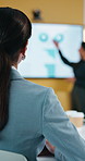 Finance, presentation or woman in firm with learning, attention or training in budget review. Back, meeting or data analyst with insight, target coaching or employee engagement in corporate literacy.