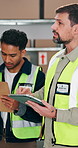 Supply chain, tablet and men in warehouse for inspection, inventory management and report. Logistics, teamwork and people in factory with tech for distribution, checklist and shipping quality control
