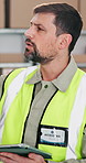 Supply chain, tablet and man in warehouse for inspection, inventory management and report. Logistics, mature person and tech in factory for distribution, schedule and quality control for shipping