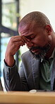 Stress, headache and business man in office with commission pressure, frustrated and decision. Burnout, tired and fatigue of mature black person as broker with mistake, failure or brain frog