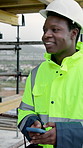 Thinking, architect and happy man with phone on roof, texting and communication with contact on web. Civil engineer, smile and black person with mobile, reflection and typing message on social media