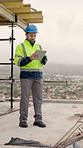 Architect, typing and man with tablet in city, research or planning for property development on web. Civil engineer, thinking and happy person with tech, reflection and project management with info