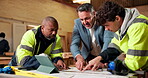 Architecture, team or manager in warehouse with blueprint, building plan or feedback on furniture project. Talking, men or contractor with paper, operation report or director evaluation in woodwork.