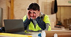 Stress, man and architect at workshop with laptop, website glitch and design error for architecture. Worry, person and pc with technical issues, safety concern and project rejection for construction