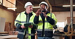 Carpentry, men and warehouse inspection with tablet for safety regulations, discussion or teamwork. Building inspector, mature people and talk with tech for shopfitting, compliance or quality control