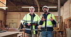 Carpentry, people or warehouse inspection with tablet for safety regulations, evaluation or teamwork. Building inspector, mature men and talk with tech for shopfitting, compliance or quality control