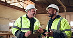 Architect, laugh and men with clipboard in building, site inspection and renovation progress report. Civil engineer, discussion and mature people with checklist for safety check, writing and teamwork