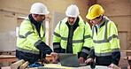 Civil engineer, documents and men with laptop in building, talk or renovation progress report on web. Architect, teamwork and people with blueprint, pointing and planning for construction with tech