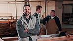 Laugh, face and man in workshop for carpentry, manufacturing and wood production. Carpenter, portrait and person with smile, pride and team for timber business, furniture restoration and woodworking