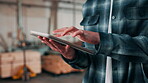 Carpentry, hands and tablet with man in warehouse for agenda, digital schedule or timetable. App, information and scrolling app with person in woodworking factory or workshop for online planning