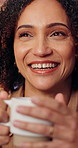 Thinking, smile and woman at house with coffee, start day and reflection for morning routine. Happy, female person and vision in home with beverage, daydreaming and nostalgia memory for weekend break