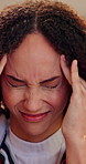 Headache, frustrated and woman in house with massage, exhausted and tension with discomfort. Pain, fatigue and female person in home with migraine pressure, burnout and sore head with dizziness.
