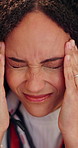 Headache, frustrated and woman with massage, exhausted and tension with scalp discomfort. Overwhelmed, fatigue and female person with migraine pressure, burnout and sore head with dizziness.
