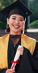 Laugh, face and Asian woman with degree for graduation, college success and milestone outdoor. Portrait, graduate and happy person with certificate for education, future and university achievement