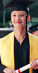 Happy, face and Asian man with degree for graduation, college success and milestone at university. Portrait, graduate and person with certificate for education, learning and scholarship achievement
