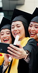 Excited, students and selfie at college with graduation, diploma and smile for education memories. Happy, Japanese people and friends at university outdoor with scroll, degree success or photography.