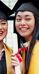 Woman, student and selfie with certificate for graduation ceremony, academic achievement or success. Female people, friends and picture with smile or qualification for photography or memory together