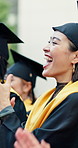Student, applause or happy woman in graduation ceremony for academic achievement or success together. Excited, group or graduates clapping with smile, cheering or celebration for learning milestone