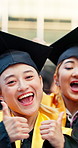 Happy, face and people at graduation with thumbs up, college success and academic goals. Portrait, graduate and Asian students with emoji, celebration and excited for education milestone in Japan