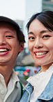 Face, friends or asian woman with selfie in city for photography, social or memory together. Portrait, group or love with smile, support or trust for capture moment, picture or friendship in town