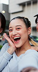 Face, friends and selfie in city with smile, heart symbol and bonding together for good memories. Bokeh, happy and Japanese people outdoor in urban town with love sign, photography and social media.