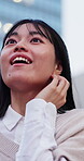 Woman, happy and travel in city with surprise, wonder and awe of urban location with expression. Asian female person, outdoor and trip downtown with smile, sightseeing and wow reaction in Japan